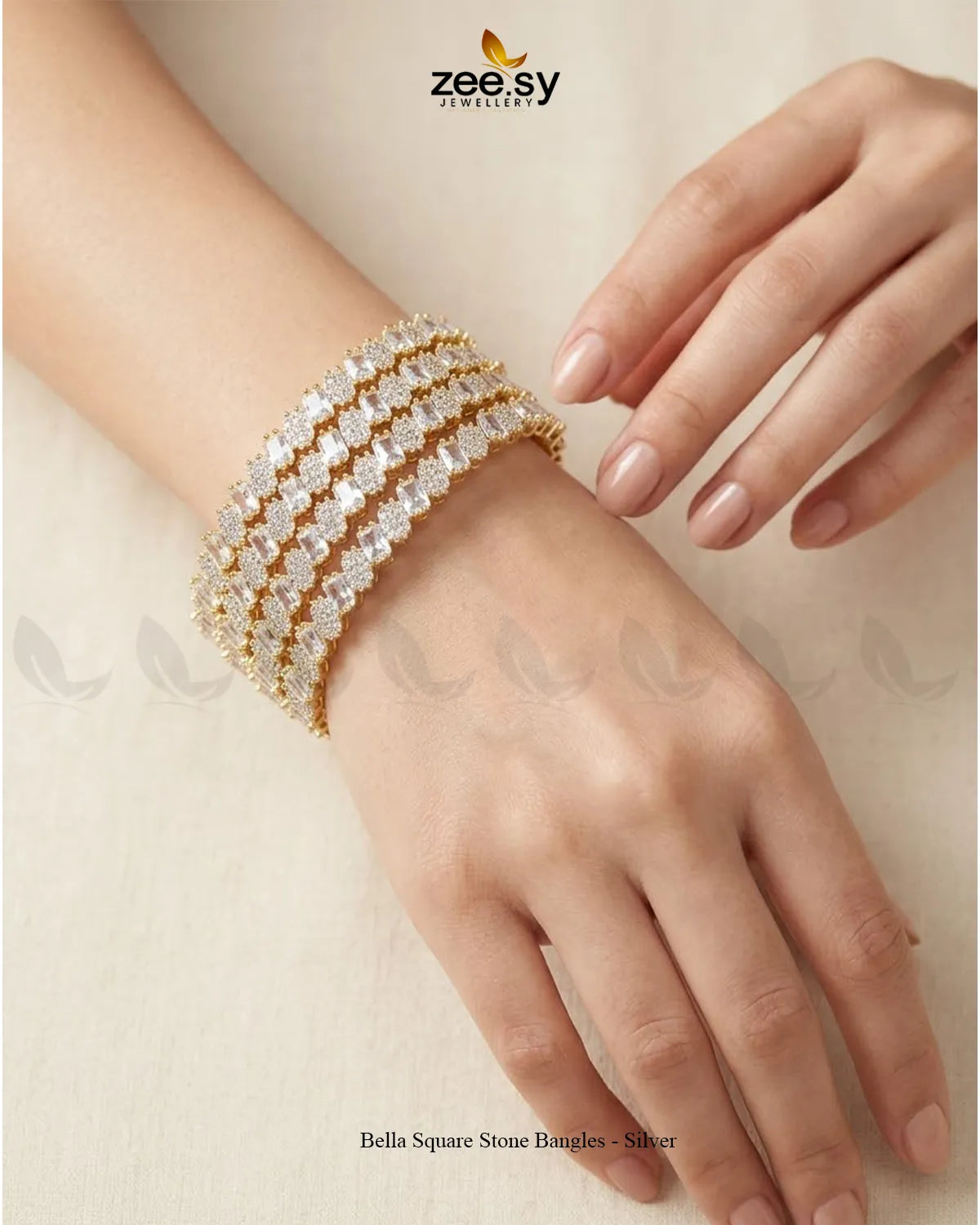 Bella Square Stone Bangles - Silver BANGLES - Zeesy Jewellery Pakistan | Premium Artificial & Imitation Jewellery