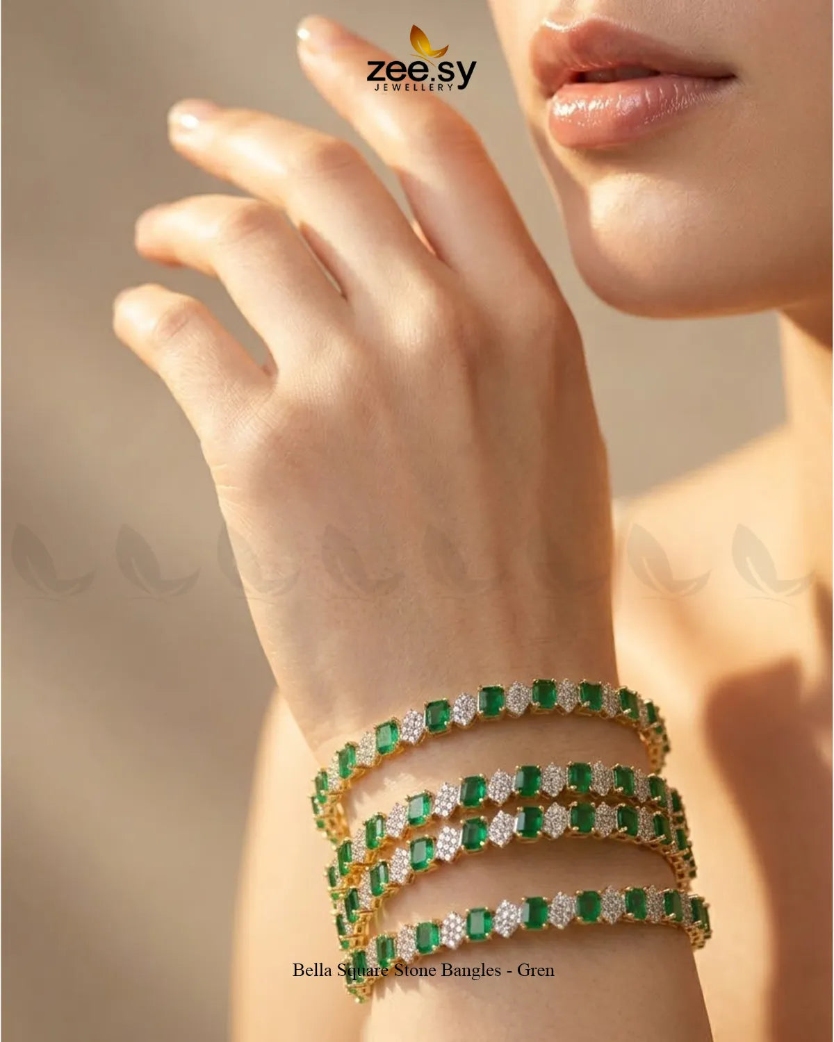 Green Bella Square Stone Bangles by RHS09 featuring square stone details and traditional bangle design.