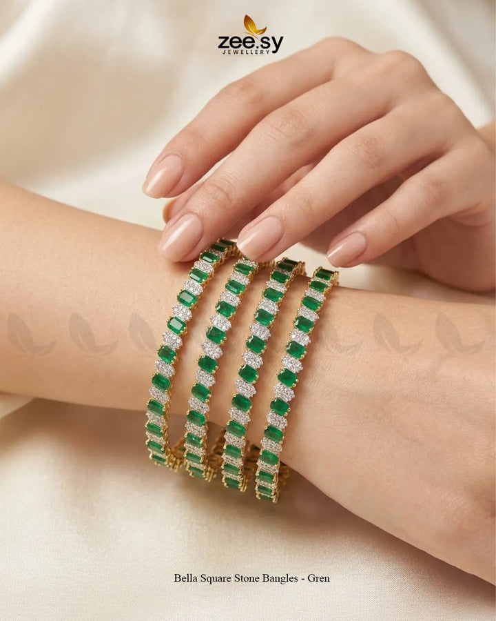 Green Bella Square Stone Bangles by RHS09, featuring square-shaped stones and intricate design, shown in a close-up image.