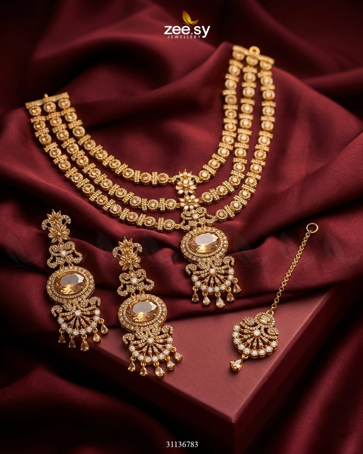 Bella Triple Layer Necklace Set Champagne Necklace Sets - Zeesy Jewellery Pakistan | Premium Artificial & Imitation Jewellery