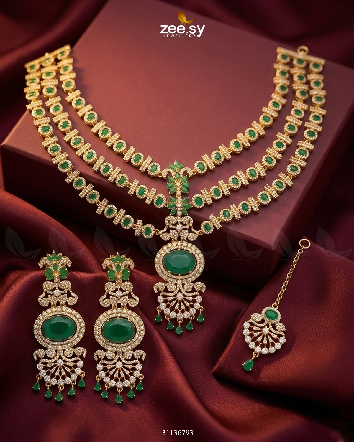 Bella Triple Layer Necklace Set Green Necklace Sets - Zeesy Jewellery Pakistan | Premium Artificial & Imitation Jewellery