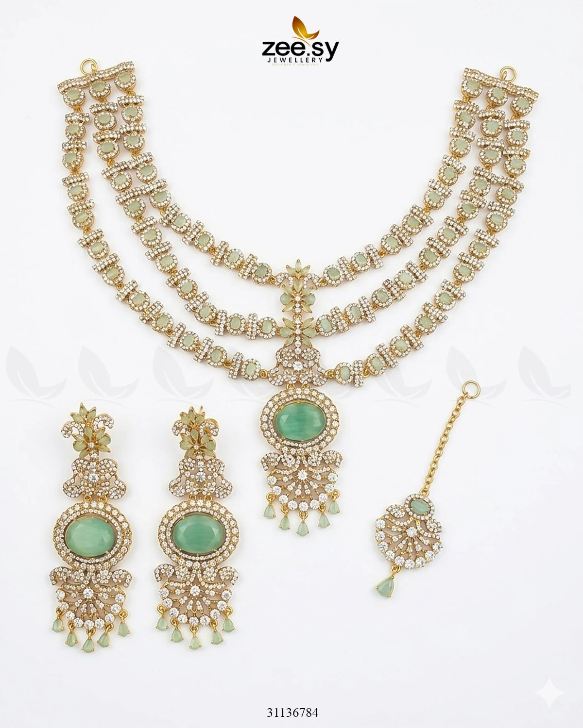 Bella Triple Layer Necklace Set Mint Green Necklace Sets - Zeesy Jewellery Pakistan | Premium Artificial & Imitation Jewellery