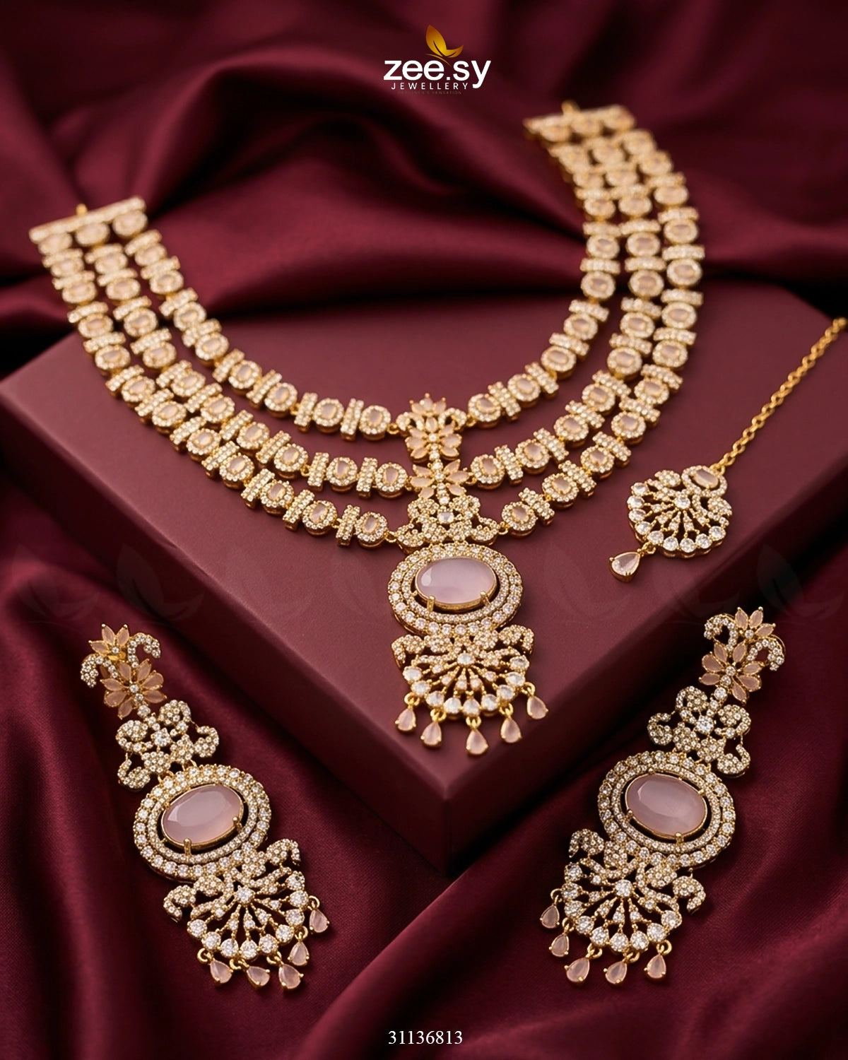Bella Triple Layer Necklace Set Mint Pink Necklace Sets - Zeesy Jewellery Pakistan | Premium Artificial & Imitation Jewellery