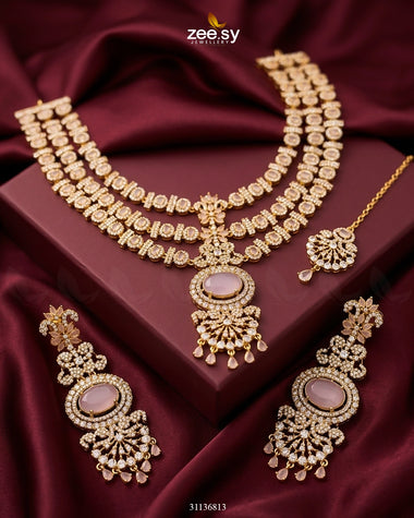 Bella Triple Layer Necklace Set Mint Pink Necklace Sets - Zeesy Jewellery Pakistan | Premium Artificial & Imitation Jewellery