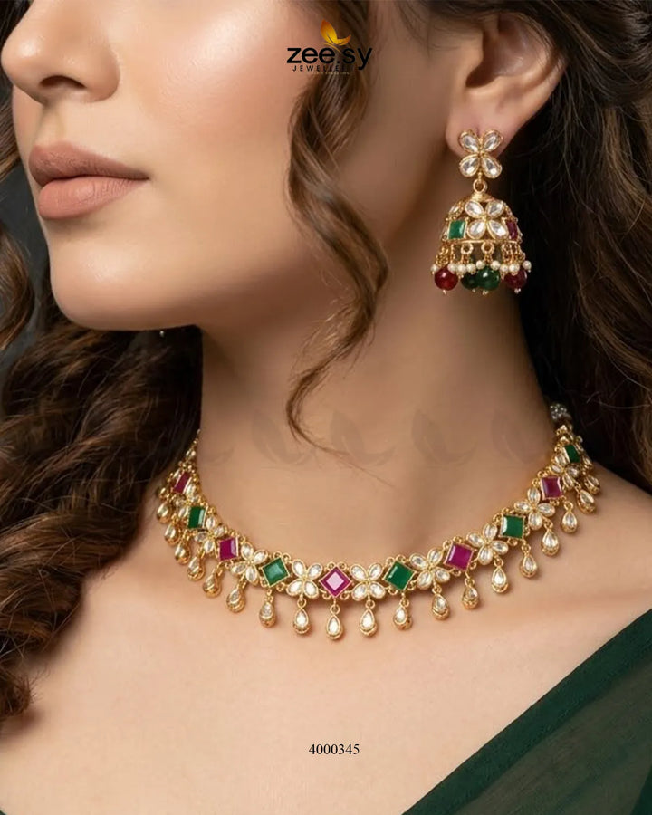 RHS09 Belly tinted polki necklace set in ruby and green with traditional gemstone detailing