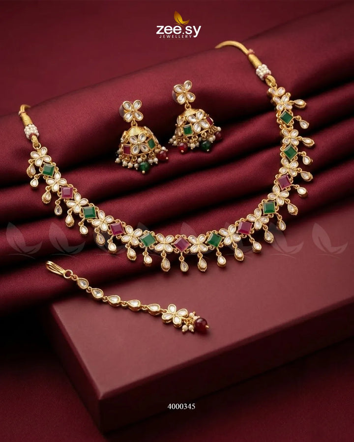 RHS09 Belly tinted polki necklace set in ruby green with matching earrings