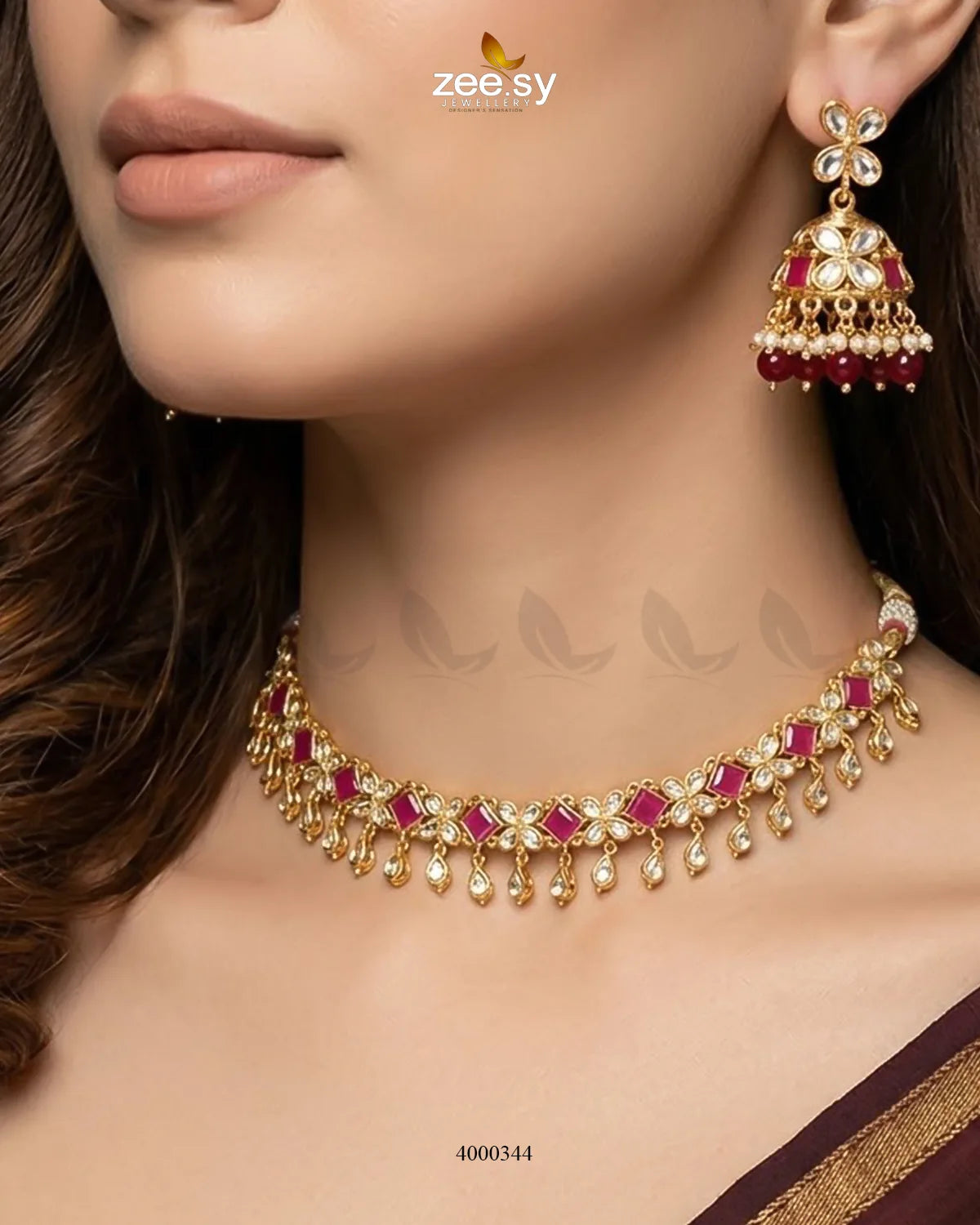 Belly Tinted Polki Necklace Set by RHS09 featuring intricate polki designs and vibrant ruby accents for traditional jewelry.