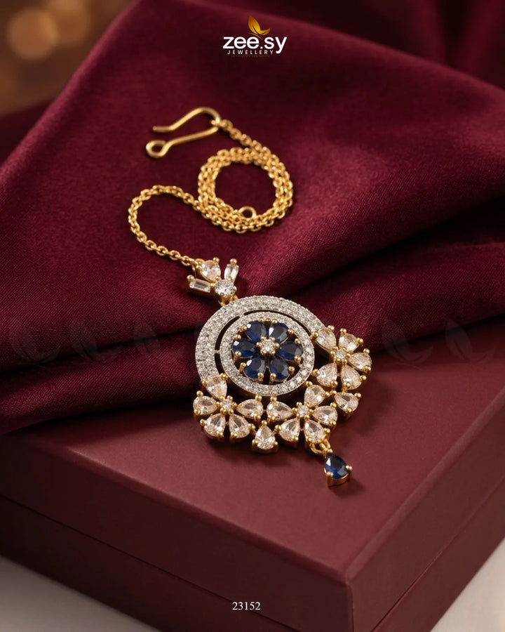 Round Flowery American Diamond Bindiya Golden Blue bindiya - Zeesy Jewellery Pakistan | Premium Artificial & Imitation Jewellery