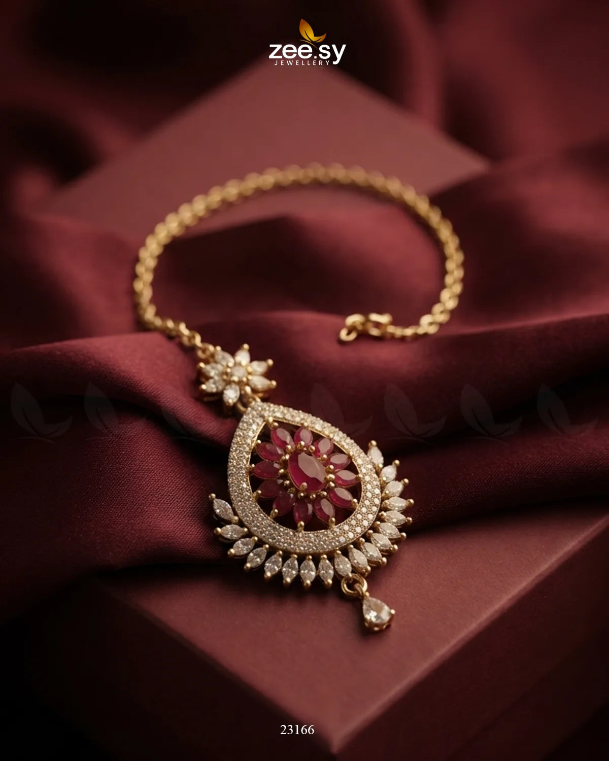 Leaf Pave Ziconia Bindiya Golden Ruby bindiya - Zeesy Jewellery Pakistan | Premium Artificial & Imitation Jewellery