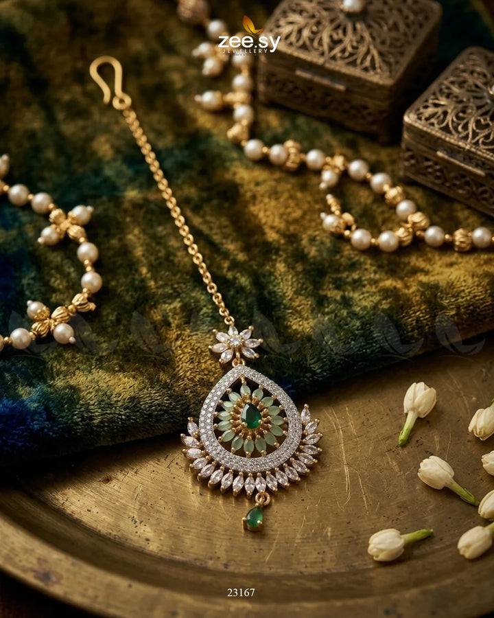 Leaf Pave Ziconia Bindiya Golden Sea Green bindiya - Zeesy Jewellery Pakistan | Premium Artificial & Imitation Jewellery