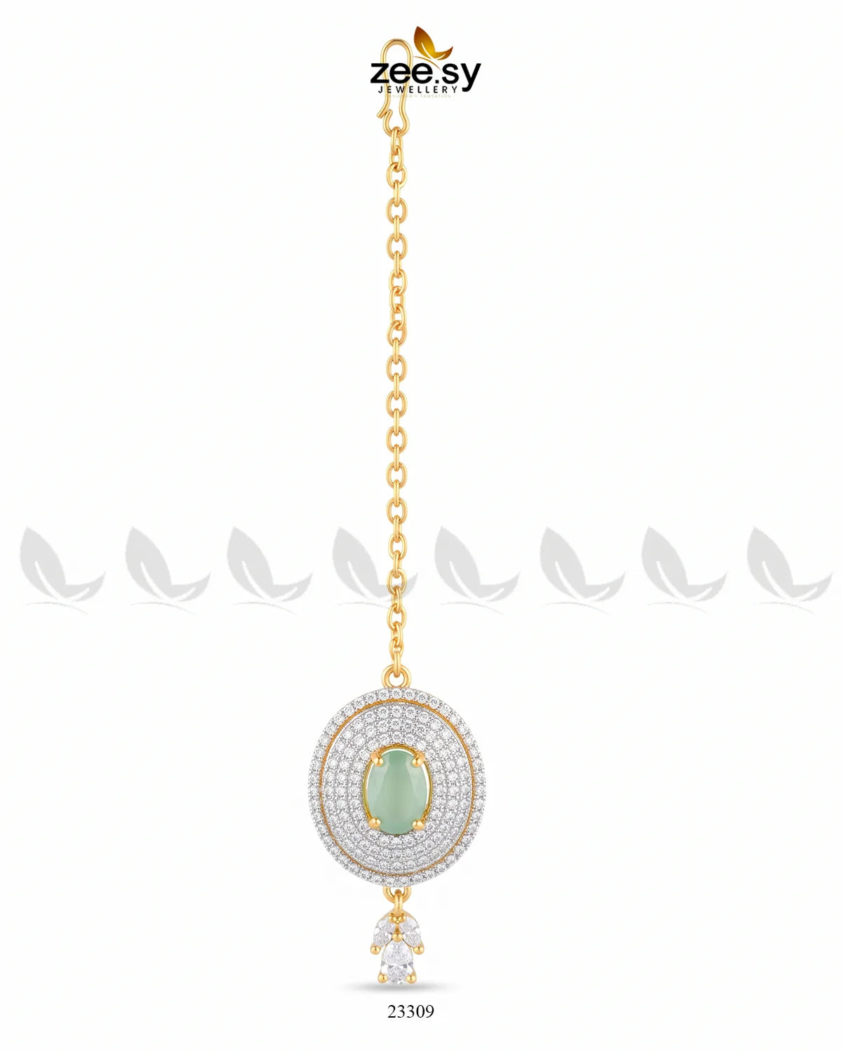 Mint green RHS09 Bindiya-0226 bindiya with intricate design, showcasing traditional jewelry style on a white background.