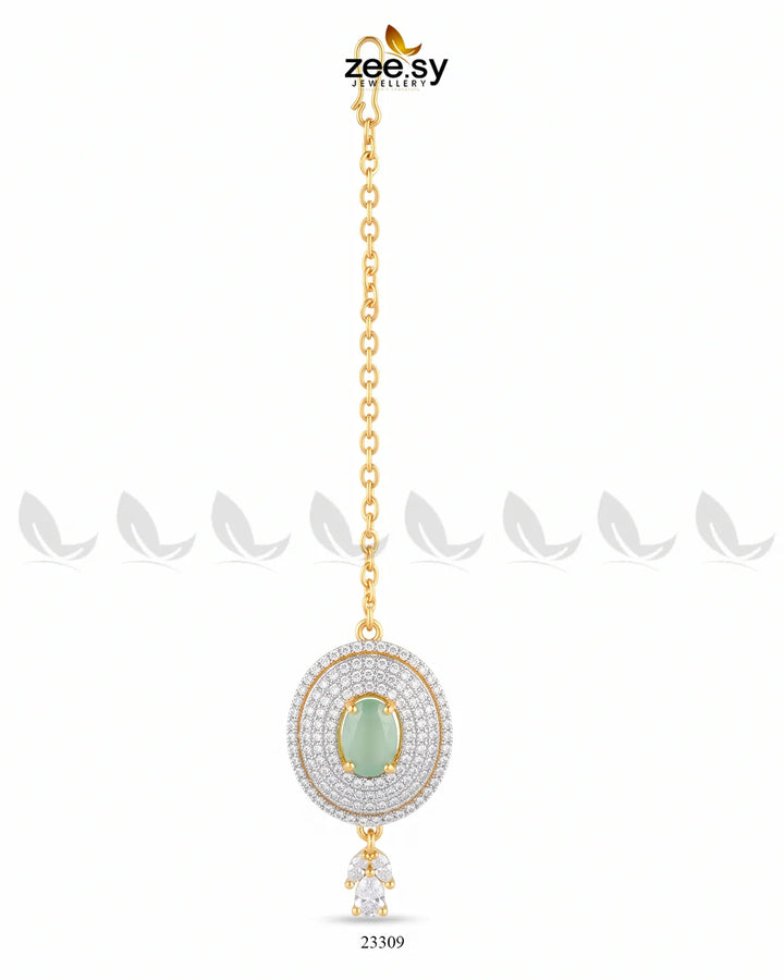 Mint green RHS09 Bindiya-0226 bindiya with intricate design, showcasing traditional jewelry style on a white background.