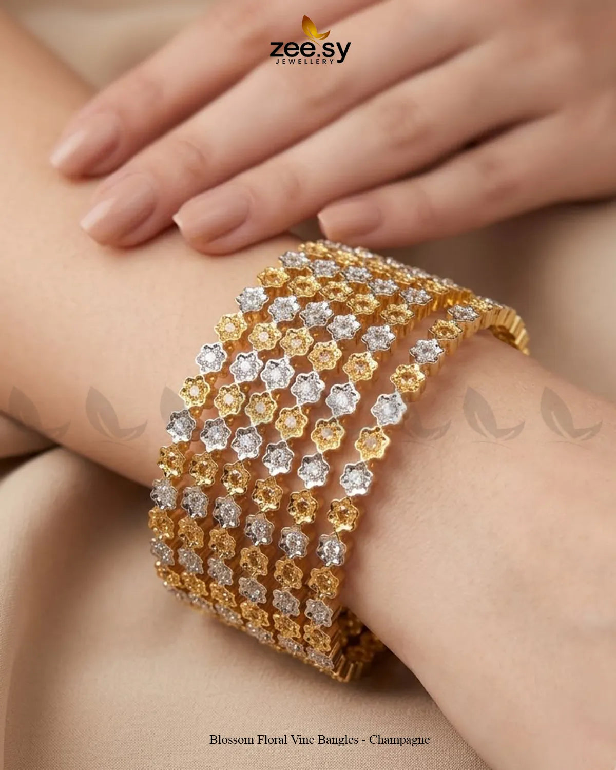 Champagne Blossom Floral Vine Bangles by RHS09, featuring intricate floral and vine design in elegant champagne tones.