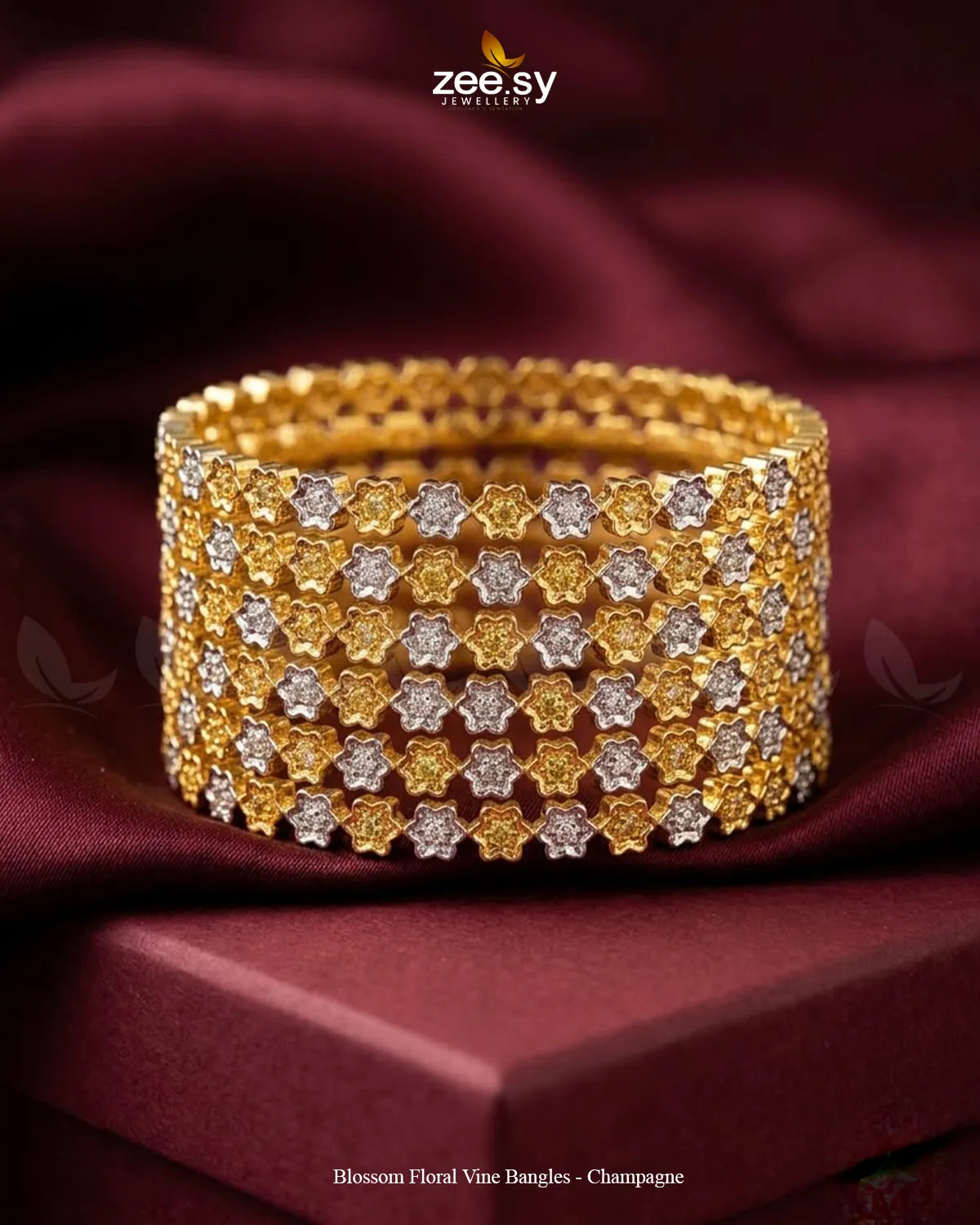 Champagne-colored Blossom Floral Vine bangles by RHS09 featuring intricate floral designs in a stylish bracelet set.
