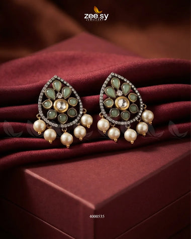 Blush Floral Polki Drop Earrings Antique Mint Green Earrings - Zeesy Jewellery Pakistan | Premium Artificial & Imitation Jewellery