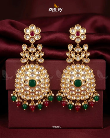 Bridal Pearl Bead Polki Earrings Golden Ruby & Green Earrings - Zeesy Jewellery Pakistan | Premium Artificial & Imitation Jewellery