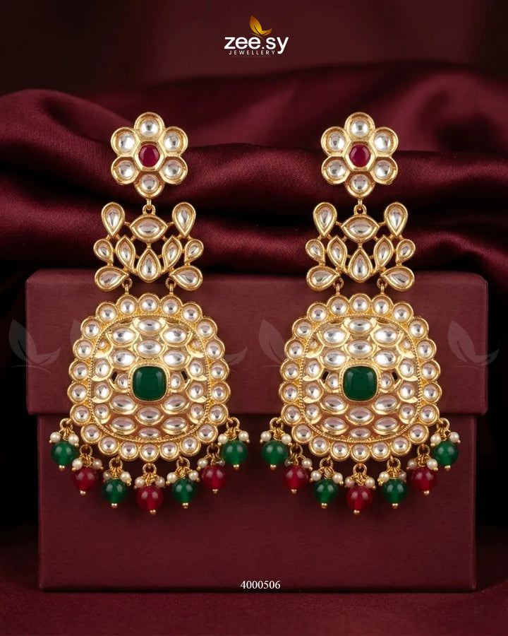 Bridal Pearl Bead Polki Earrings Golden Ruby & Green Earrings - Zeesy Jewellery Pakistan | Premium Artificial & Imitation Jewellery