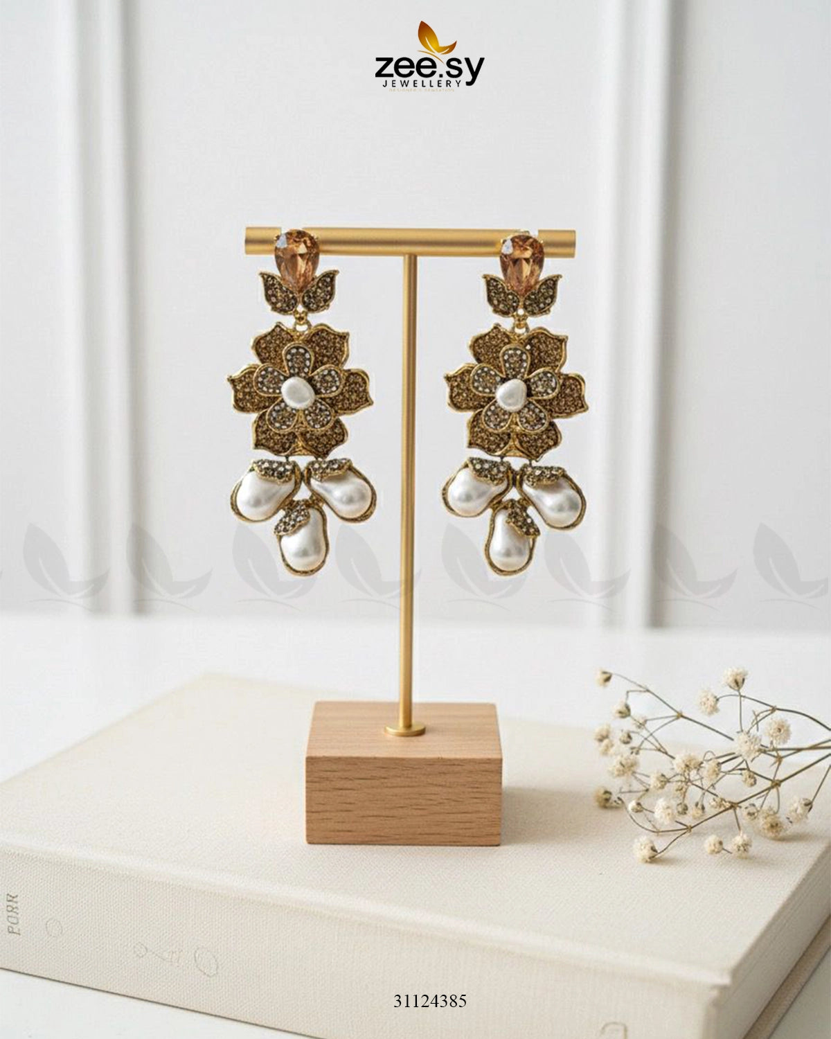 Floral Crystal Pearl Drop Earrings Champagne - Zeesy Jewellery