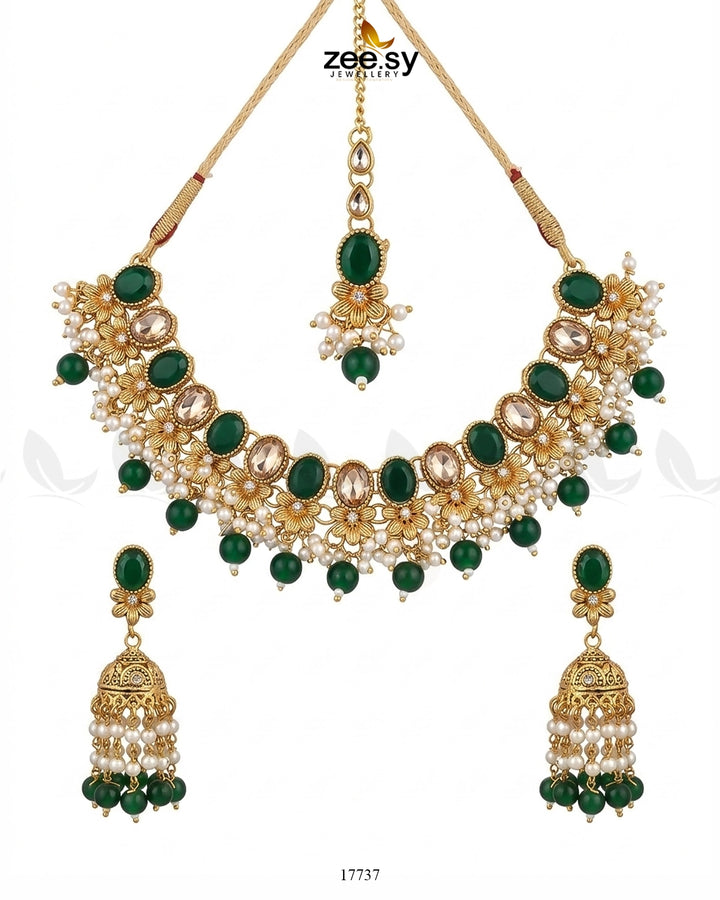 Celosia Necklace Golden Green Necklace Sets - Zeesy Jewellery Pakistan | Premium Artificial & Imitation Jewellery
