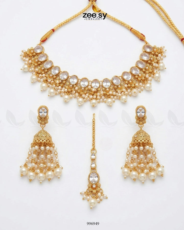 Celosia Necklace Golden white Necklace Sets - Zeesy Jewellery Pakistan | Premium Artificial & Imitation Jewellery