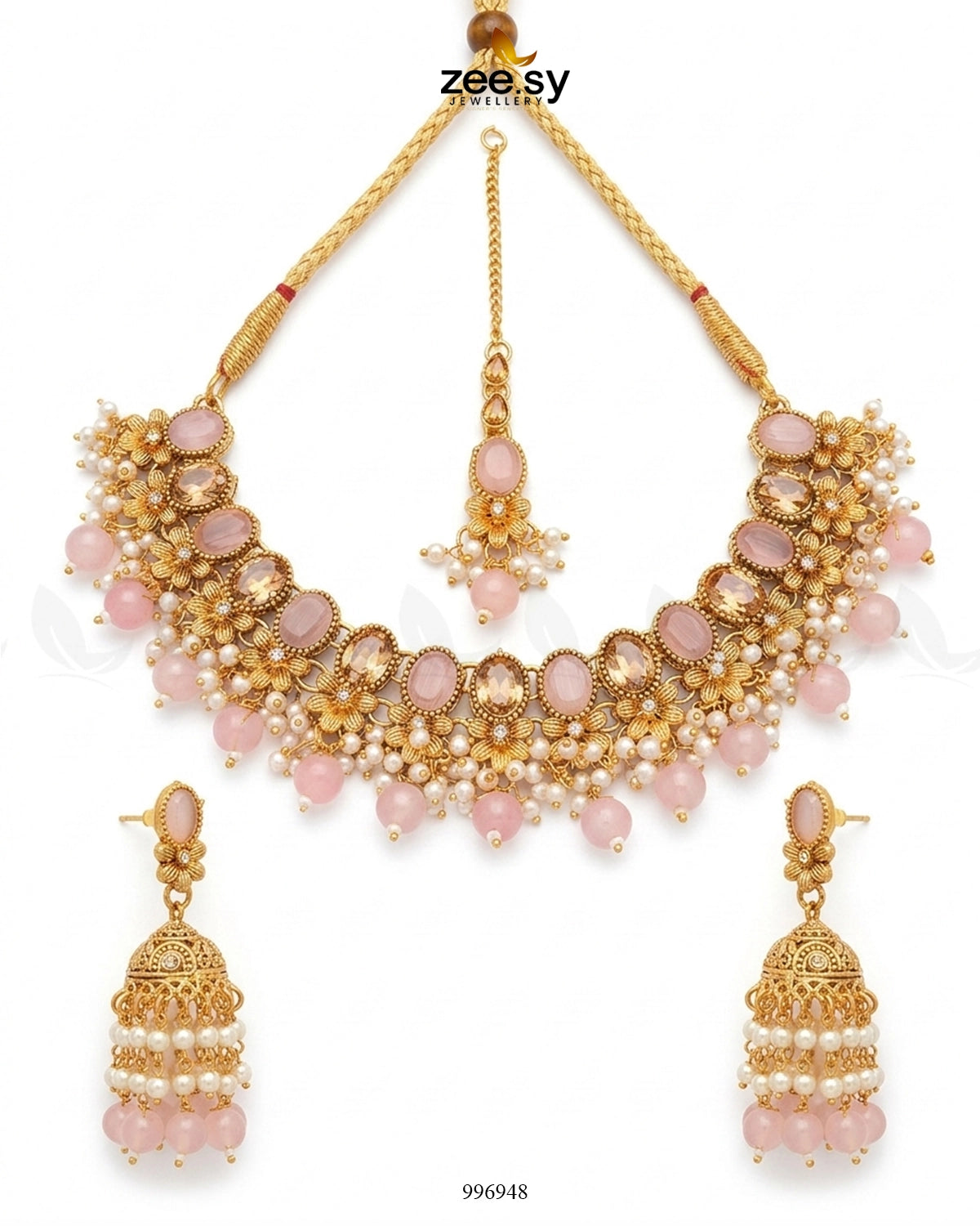 Celosia Necklace Golden Mint Pink Necklace Sets - Zeesy Jewellery Pakistan | Premium Artificial & Imitation Jewellery