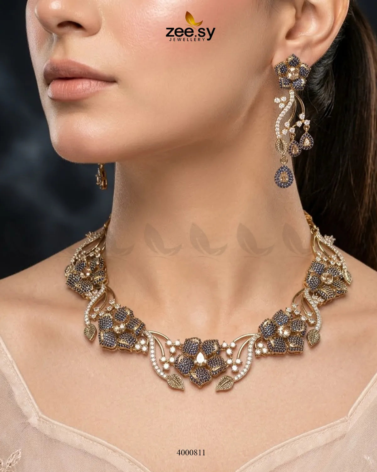 Cerise Floral Zircon Necklace Set - Antique Necklace Sets - Zeesy Jewellery Pakistan | Premium Artificial & Imitation Jewellery