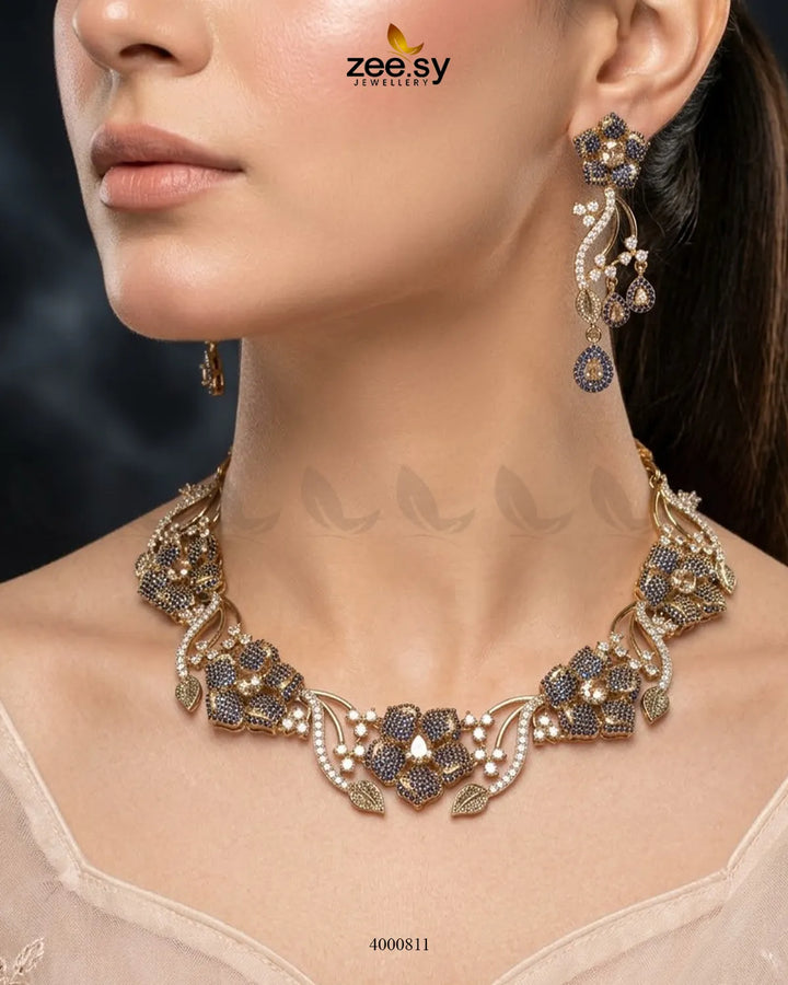 Cerise Floral Zircon Necklace Set - Antique Necklace Sets - Zeesy Jewellery Pakistan | Premium Artificial & Imitation Jewellery