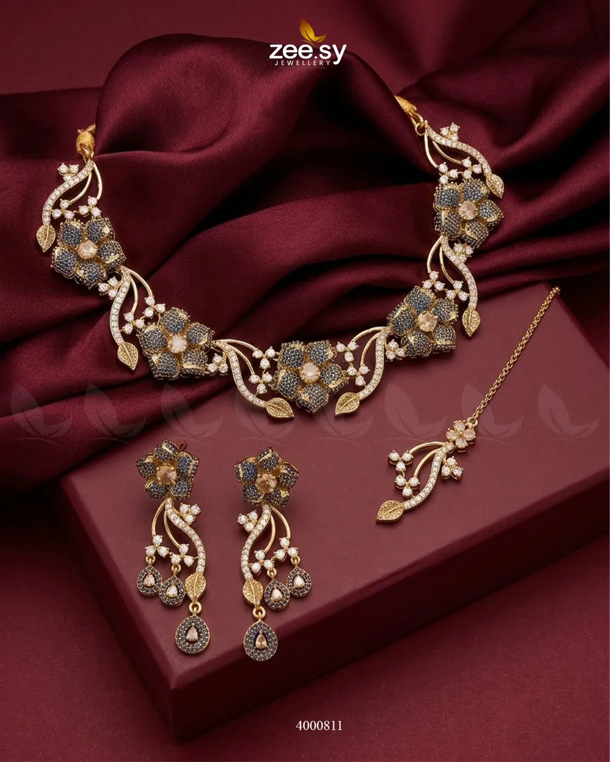 Cerise Floral Zircon Necklace Set - Antique Necklace Sets - Zeesy Jewellery Pakistan | Premium Artificial & Imitation Jewellery