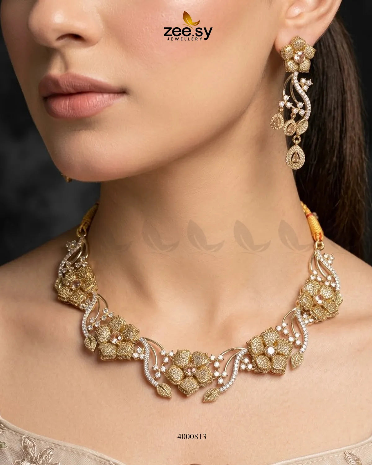 Cerise Floral Zircon Necklace Set - Antique Necklace Sets - Zeesy Jewellery Pakistan | Premium Artificial & Imitation Jewellery