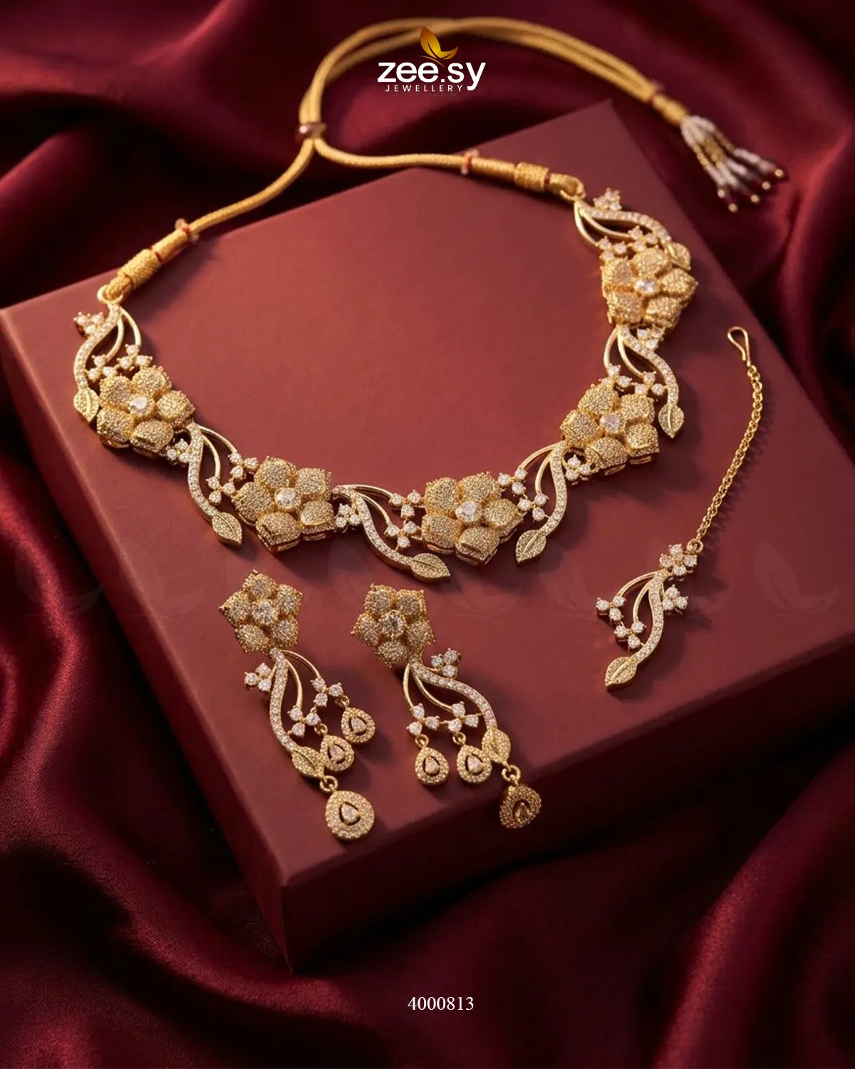 Cerise Floral Zircon Necklace Set - Antique Antique Champagne Necklace Sets - Zeesy Jewellery Pakistan | Premium Artificial & Imitation Jewellery