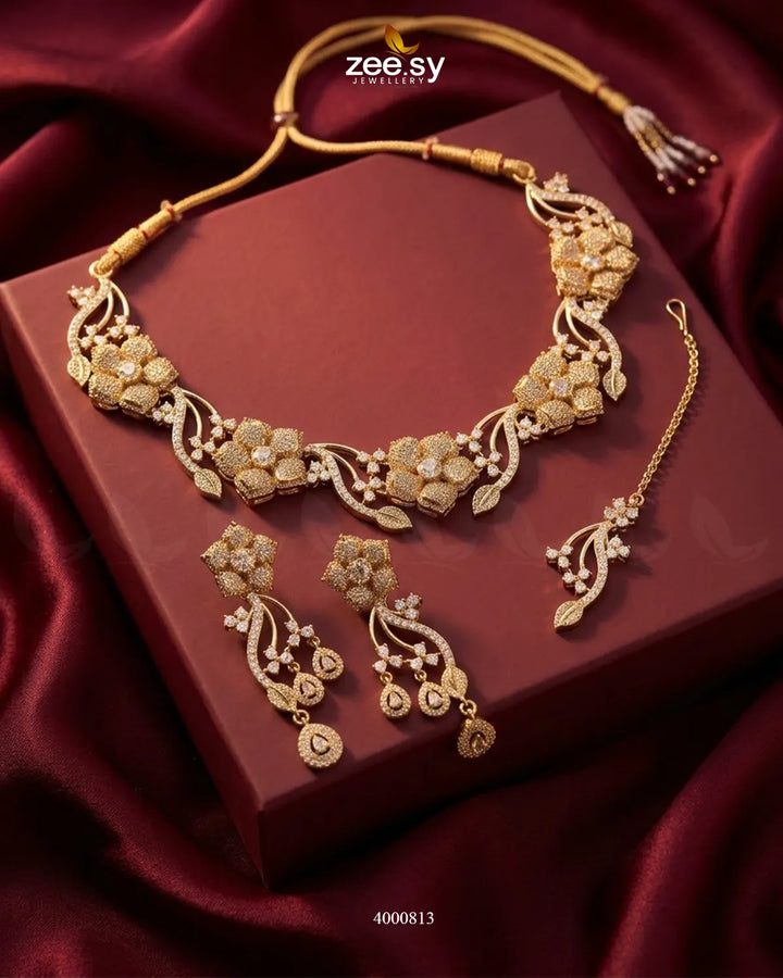 Cerise Floral Zircon Necklace Set - Antique Antique Champagne Necklace Sets - Zeesy Jewellery Pakistan | Premium Artificial & Imitation Jewellery