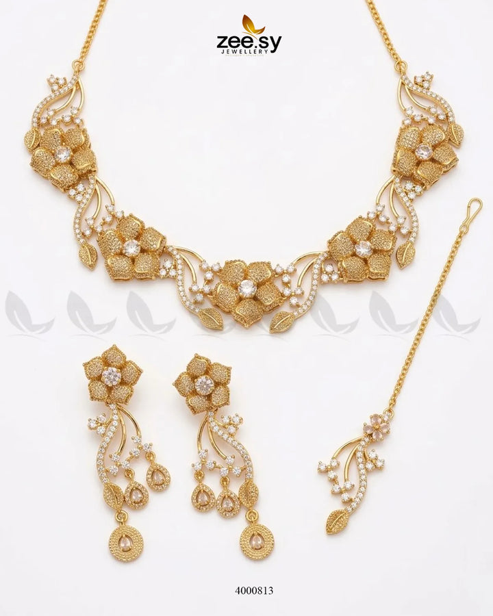Cerise Floral Zircon Necklace Set - Antique Necklace Sets - Zeesy Jewellery Pakistan | Premium Artificial & Imitation Jewellery