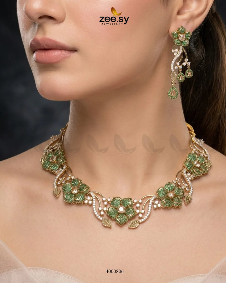 Cerise Floral Zircon Necklace Set - Antique Necklace Sets - Zeesy Jewellery Pakistan | Premium Artificial & Imitation Jewellery