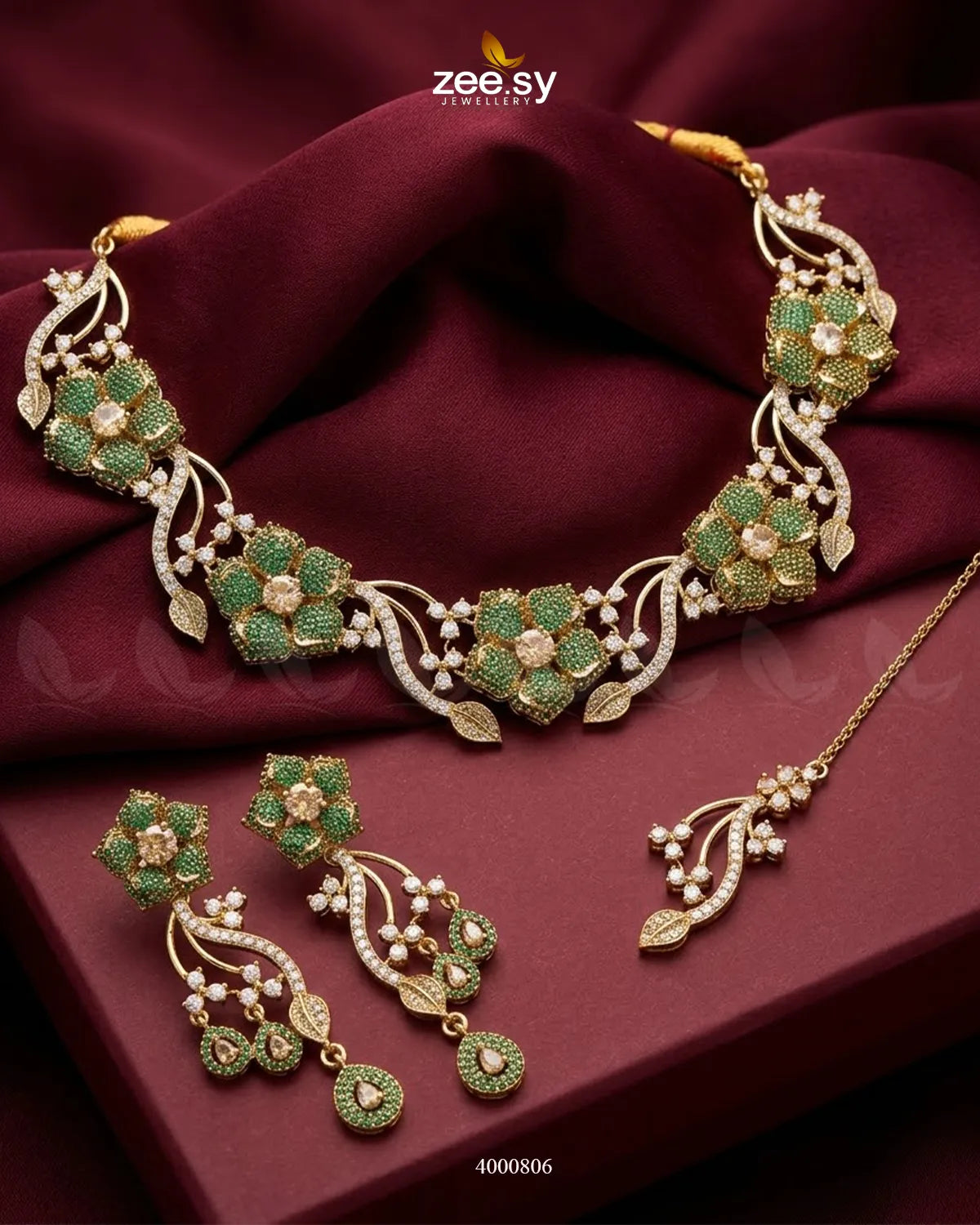 Cerise Floral Zircon Necklace Set - Antique Necklace Sets - Zeesy Jewellery Pakistan | Premium Artificial & Imitation Jewellery
