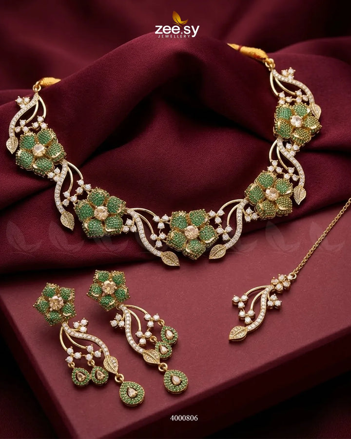 Cerise Floral Zircon Necklace Set - Antique Necklace Sets - Zeesy Jewellery Pakistan | Premium Artificial & Imitation Jewellery
