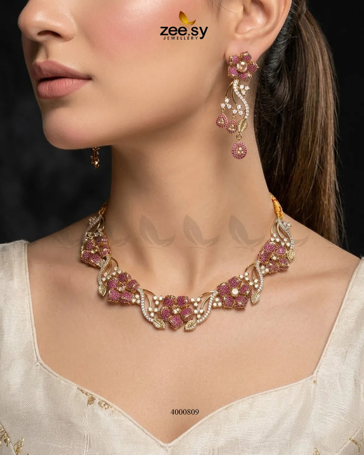 Cerise Floral Zircon Necklace Set - Antique