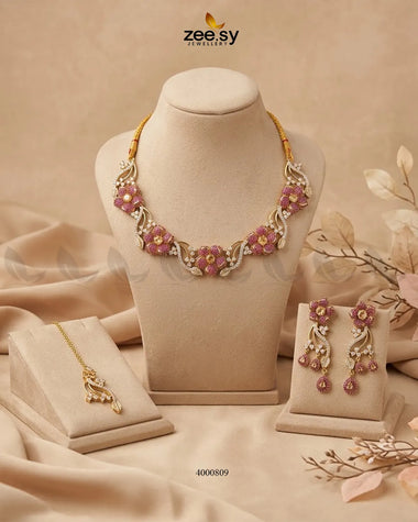Cerise Floral Zircon Necklace Set - Antique