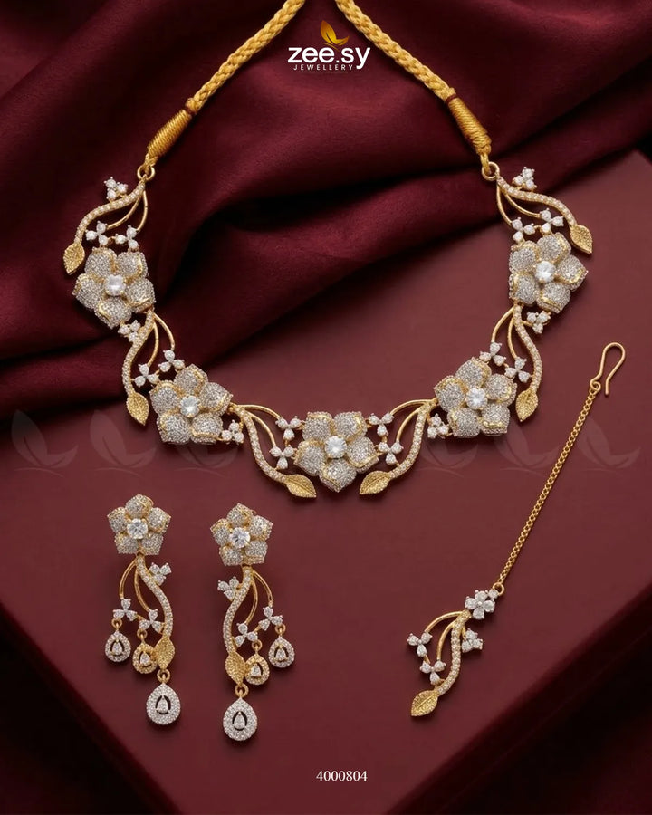 Cerise Floral Zircon Necklace Set Necklace Sets - Zeesy Jewellery Pakistan | Premium Artificial & Imitation Jewellery
