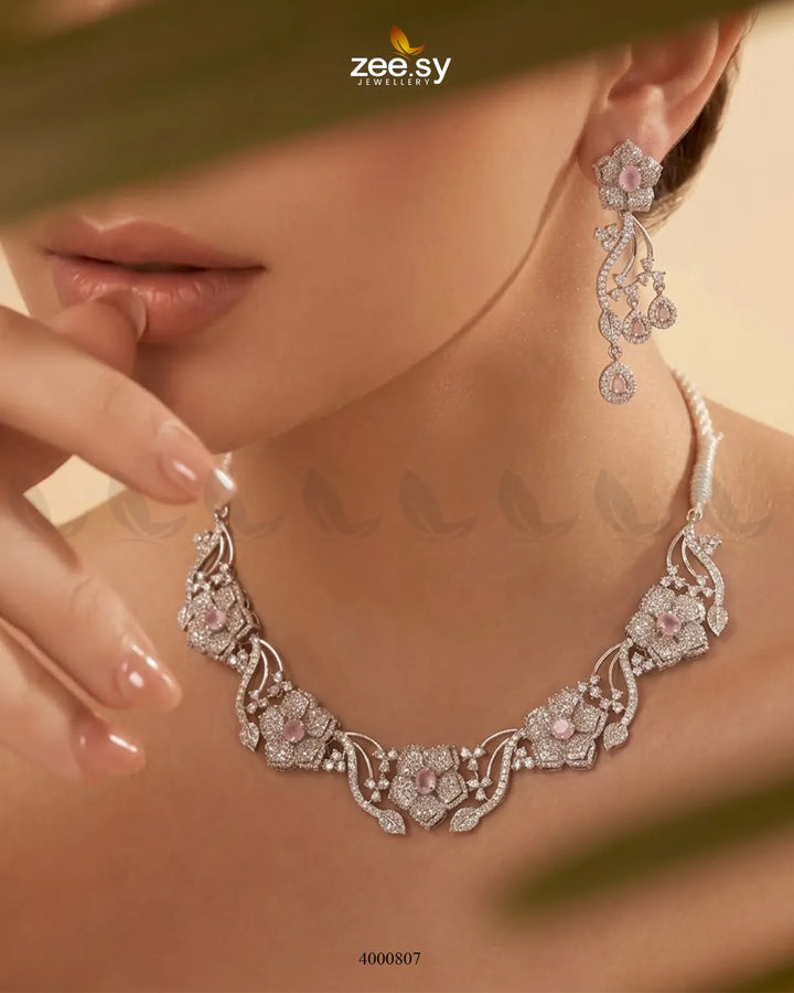 Cerise Floral Zircon Necklace Set Necklace Sets - Zeesy Jewellery Pakistan | Premium Artificial & Imitation Jewellery