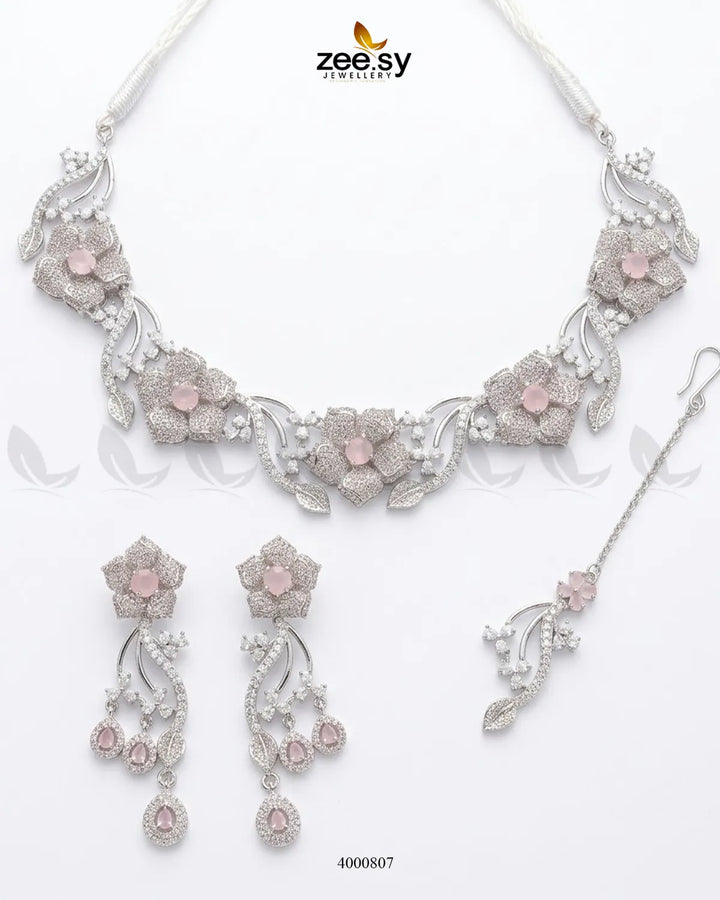 Cerise Floral Zircon Necklace Set Necklace Sets - Zeesy Jewellery Pakistan | Premium Artificial & Imitation Jewellery