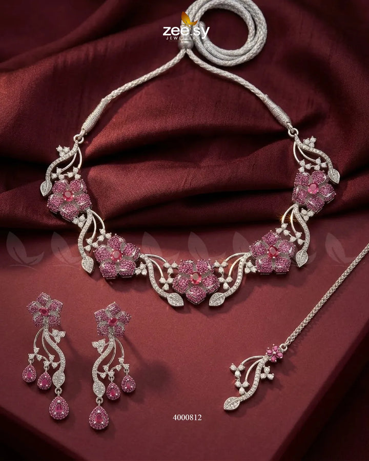Cerise Floral Zircon Necklace Set