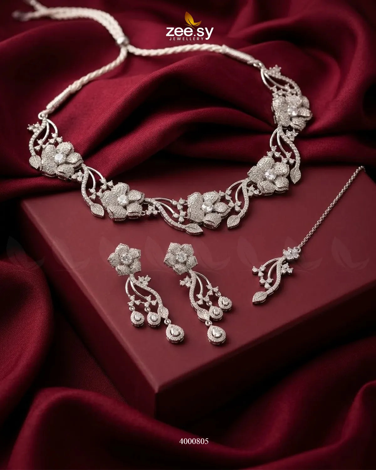 Cerise Floral Zircon Necklace Set Silver White Necklace Sets - Zeesy Jewellery Pakistan | Premium Artificial & Imitation Jewellery