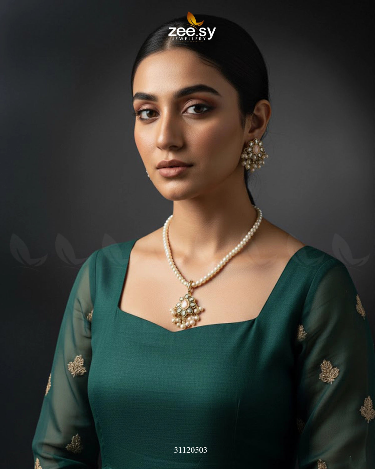 Meenakari Floral Pearl Necklace Set Golden Champagne - Zeesy Jewellery