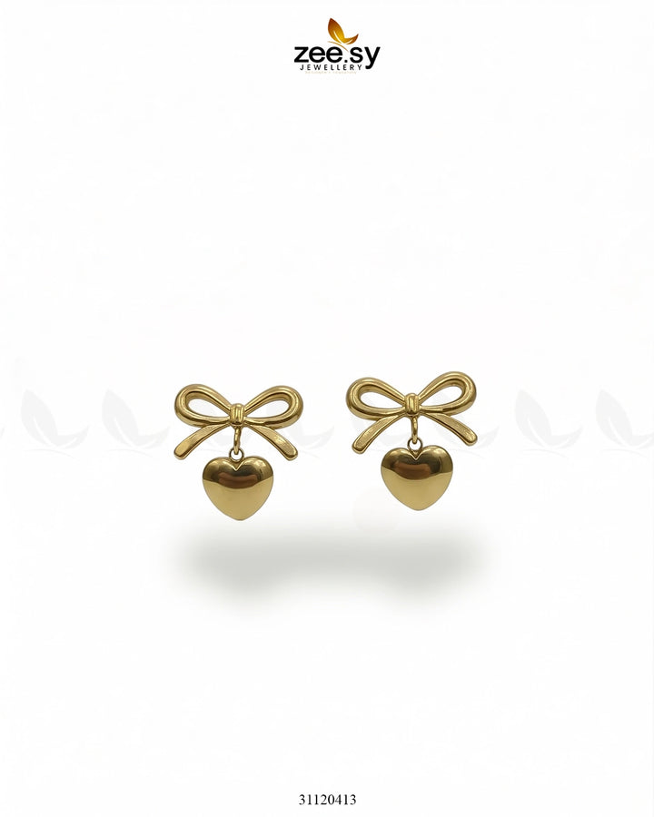 Charming Puffed Heart Bow Drops Earrings - Zeesy Jewellery Pakistan | Premium Artificial & Imitation Jewellery