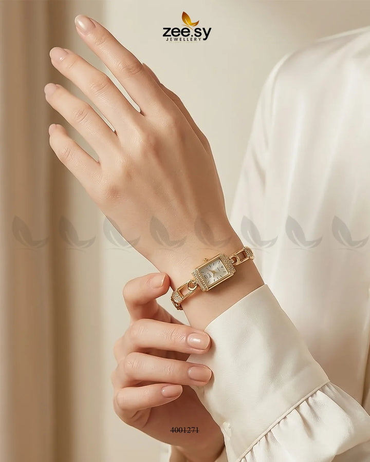 Chic Rectangular Dial Bracelet Watch Golden White ACCESSORIES - Zeesy Jewellery Pakistan | Premium Artificial & Imitation Jewellery