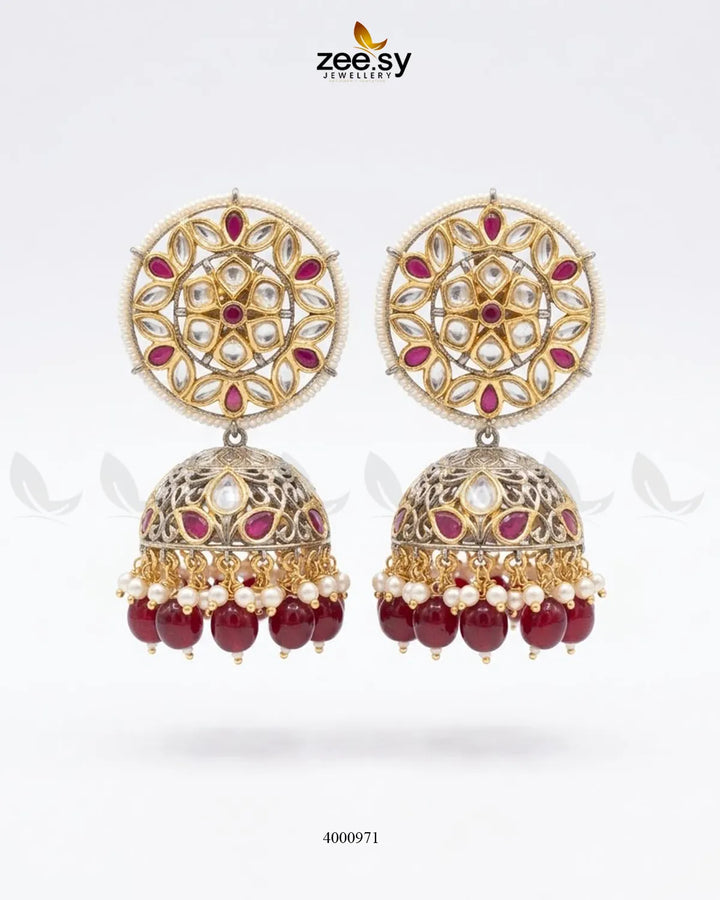 Circular pearl and kundan jhumkas earrings with intricate gold detailing, designed by RHS09.