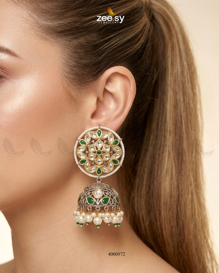 RHS09 circular pearl Kundan jhumka earrings with intricate gold-tone detailing
