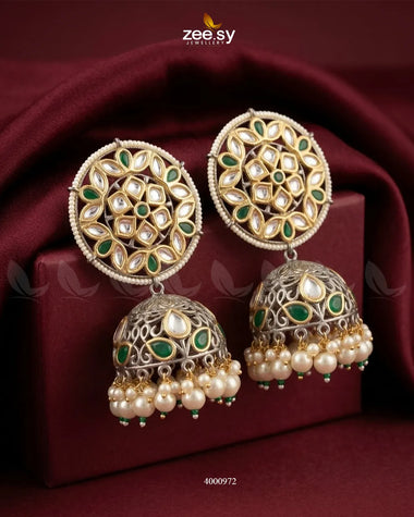 RHS09 circular pearl Kundan jhumkas earrings in gold and green with detailed traditional design