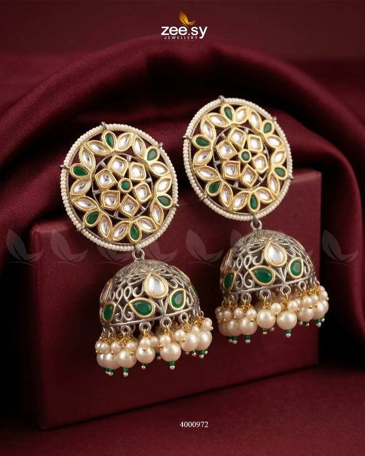 RHS09 circular pearl Kundan jhumkas earrings in gold and green with detailed traditional design