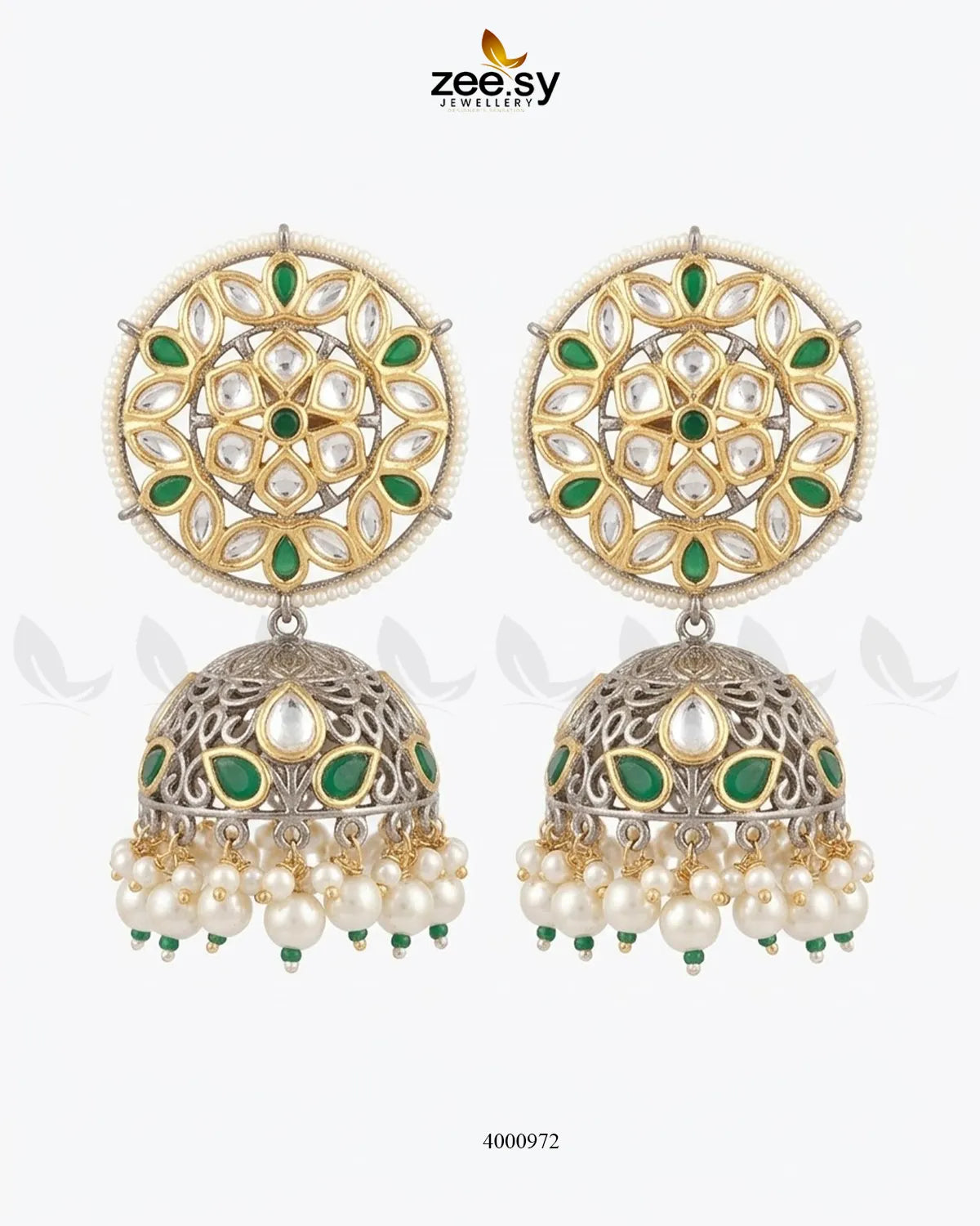 RHS09 circular pearl kundan jhumka earrings with ornate gold-tone detailing